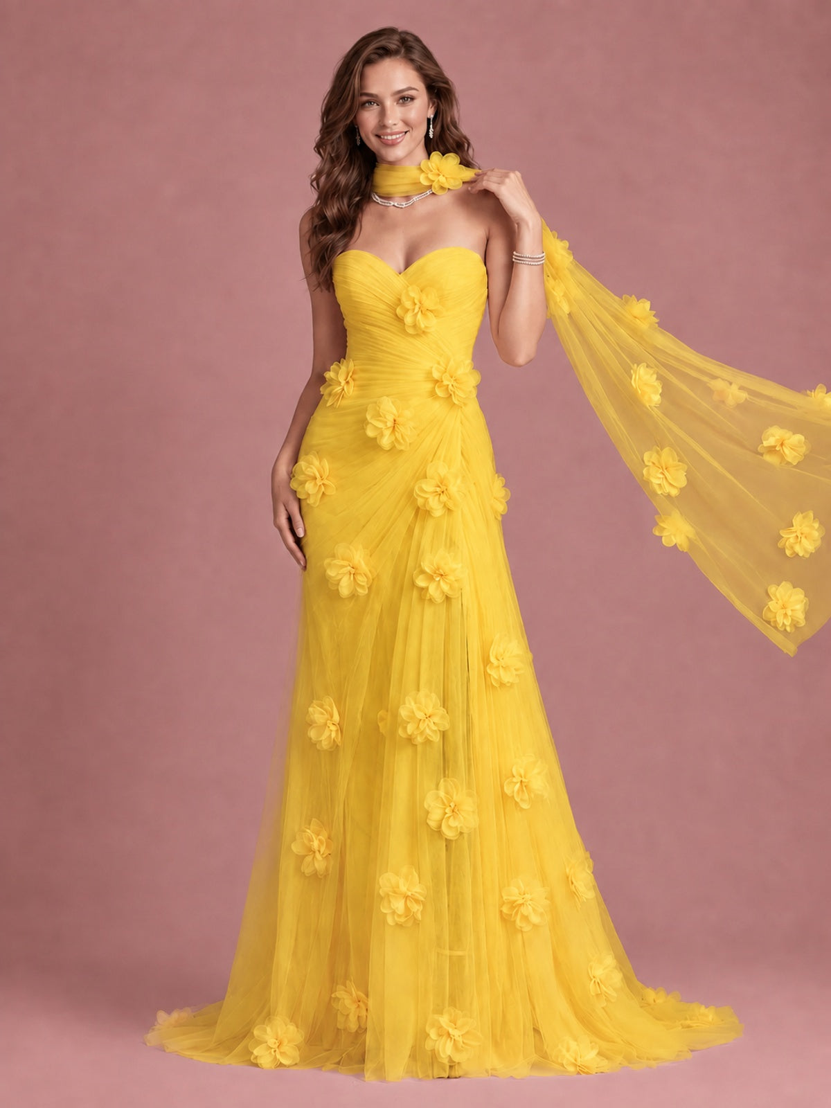 Blush Pink Strapless Sweetheart 3D Floral Tulle Mermaid Prom Dress
