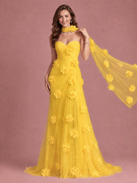 Blush Pink Strapless Sweetheart 3D Floral Tulle Mermaid Prom Dress