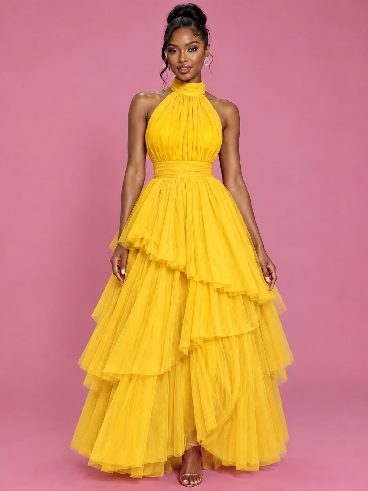 Hot Pink Tulle Halter Neck Tiered Ruffle Maxi Dress