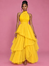 Hot Pink Tulle Halter Neck Tiered Ruffle Maxi Dress