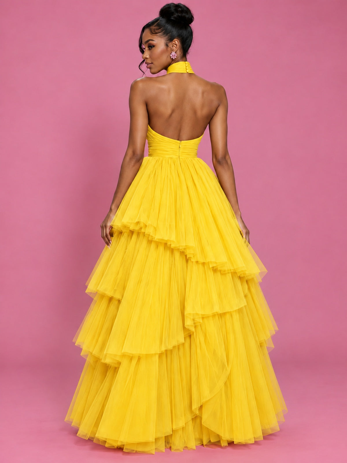 Hot Pink Tulle Halter Neck Tiered Ruffle Maxi Dress