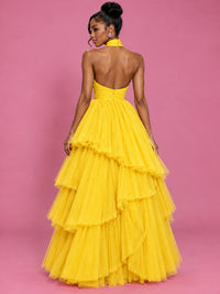Hot Pink Tulle Halter Neck Tiered Ruffle Maxi Dress