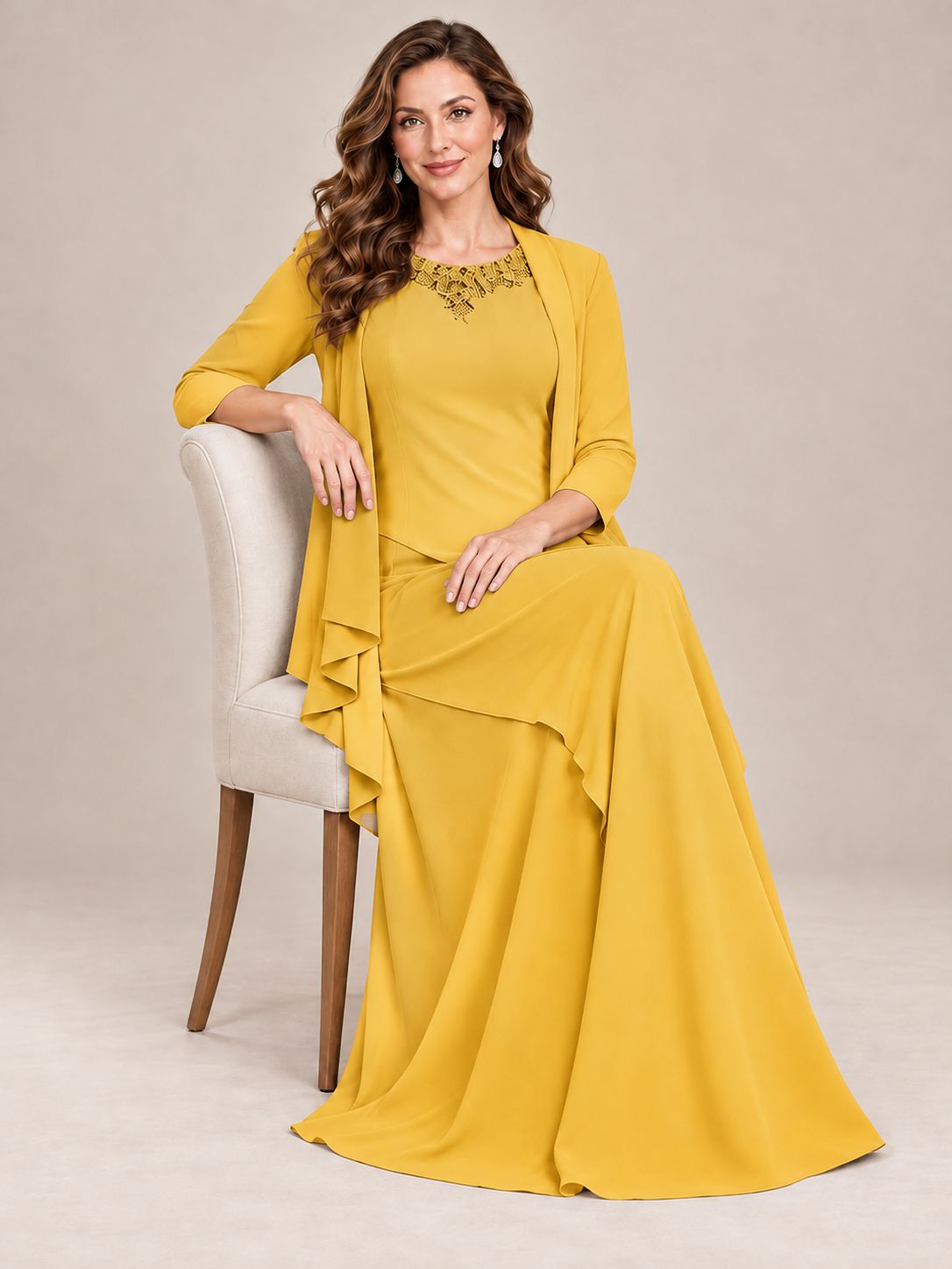 Dusty Blue Two-Piece Chiffon Mother of the Bride Dress with Jacket