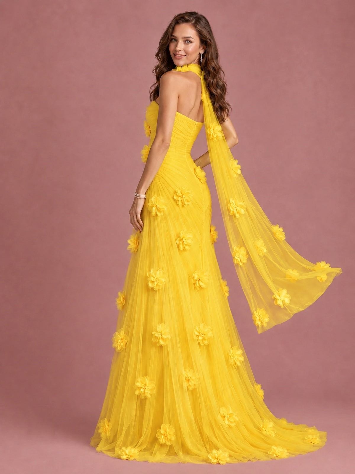 Blush Pink Strapless Sweetheart 3D Floral Tulle Mermaid Prom Dress