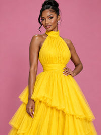 Hot Pink Tulle Halter Neck Tiered Ruffle Maxi Dress