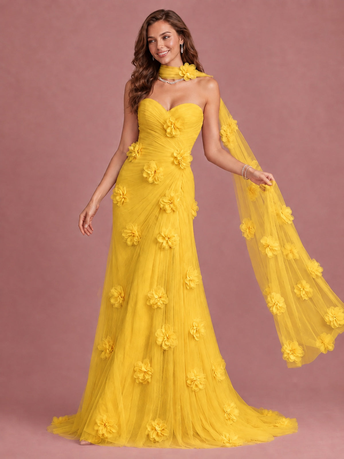 Blush Pink Strapless Sweetheart 3D Floral Tulle Mermaid Prom Dress