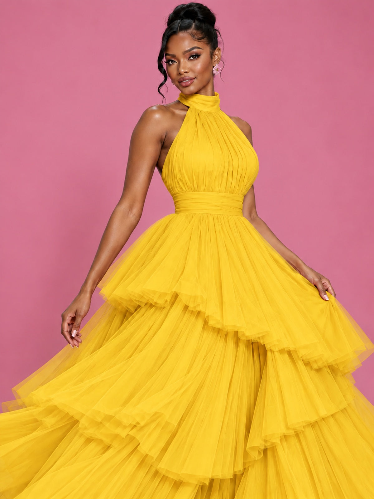 Hot Pink Tulle Halter Neck Tiered Ruffle Maxi Dress