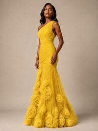 Blush Pink One Shoulder 3D Floral Mermaid Prom Dress
