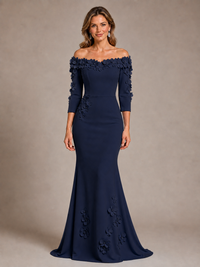 Light Blue 3D Floral Applique Off-the-Shoulder Mother of the Bride Dress