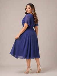 Navy Blue A-Line V-Neck Tea-Length Mother of the Bride Dress