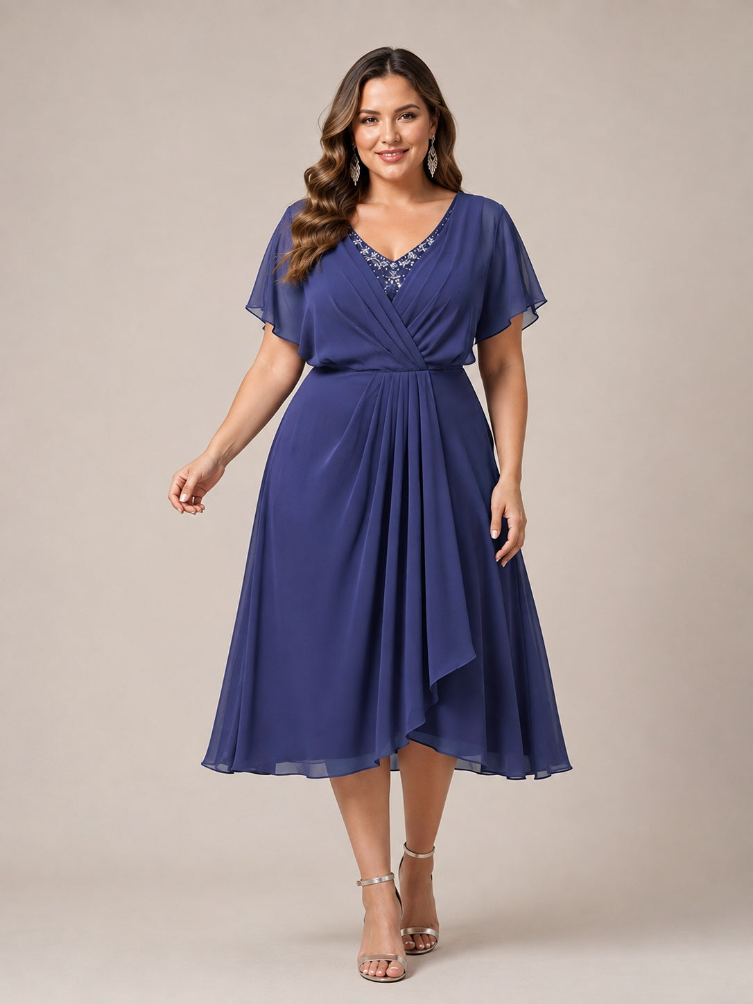 Navy Blue A-Line V-Neck Tea-Length Mother of the Bride Dress