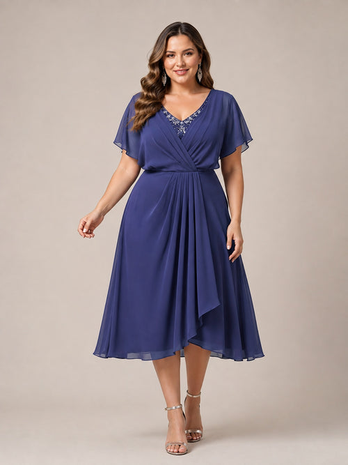 Navy Blue A-Line V-Neck Tea-Length Mother of the Bride Dress