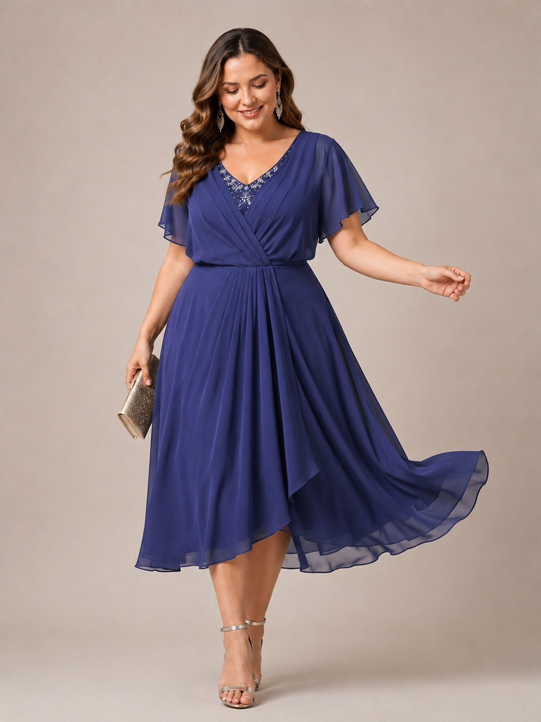 Navy Blue A-Line V-Neck Tea-Length Mother of the Bride Dress