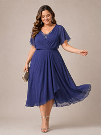 Navy Blue A-Line V-Neck Tea-Length Mother of the Bride Dress