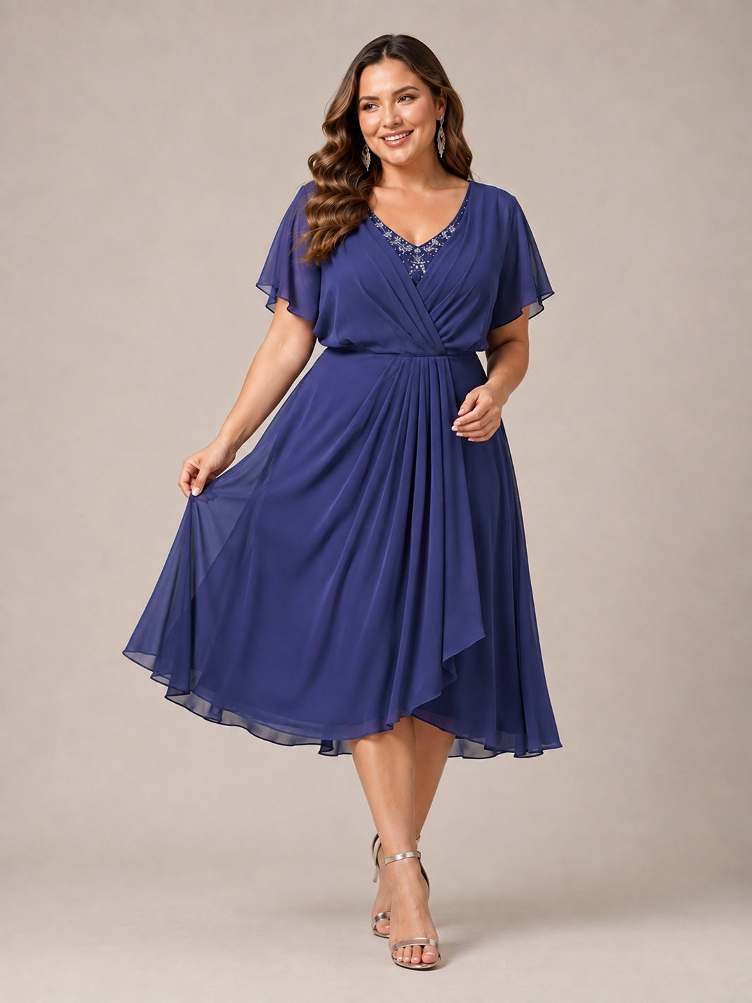 Navy Blue A-Line V-Neck Tea-Length Mother of the Bride Dress