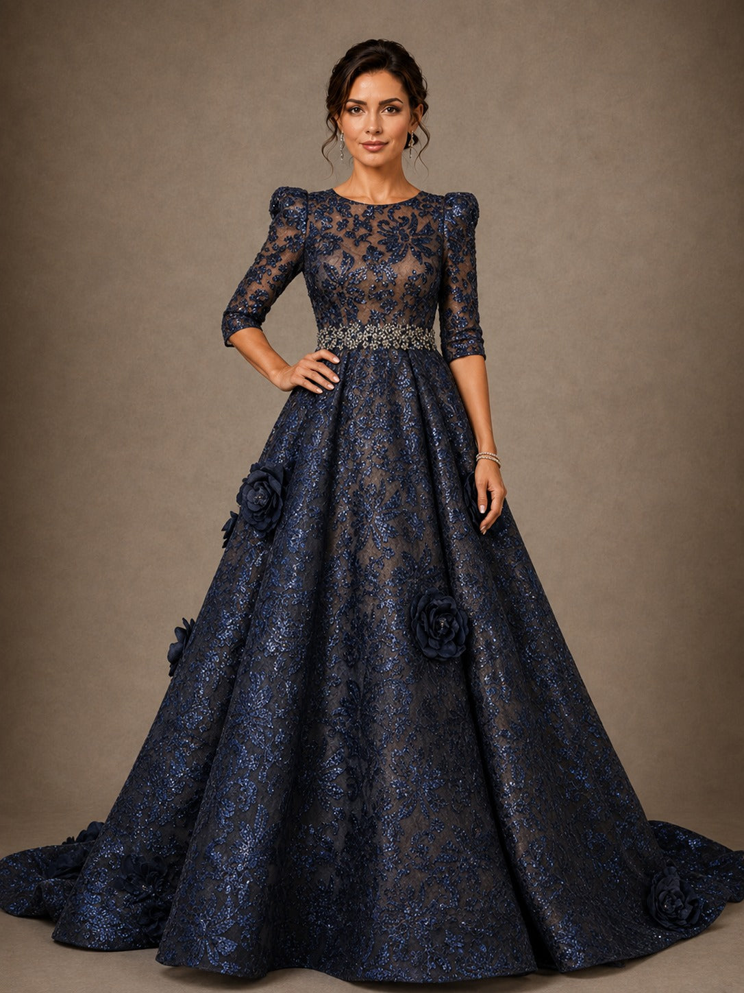 Navy Blue Floral Applique A-Line Evening Gown with 3/4 Sleeves