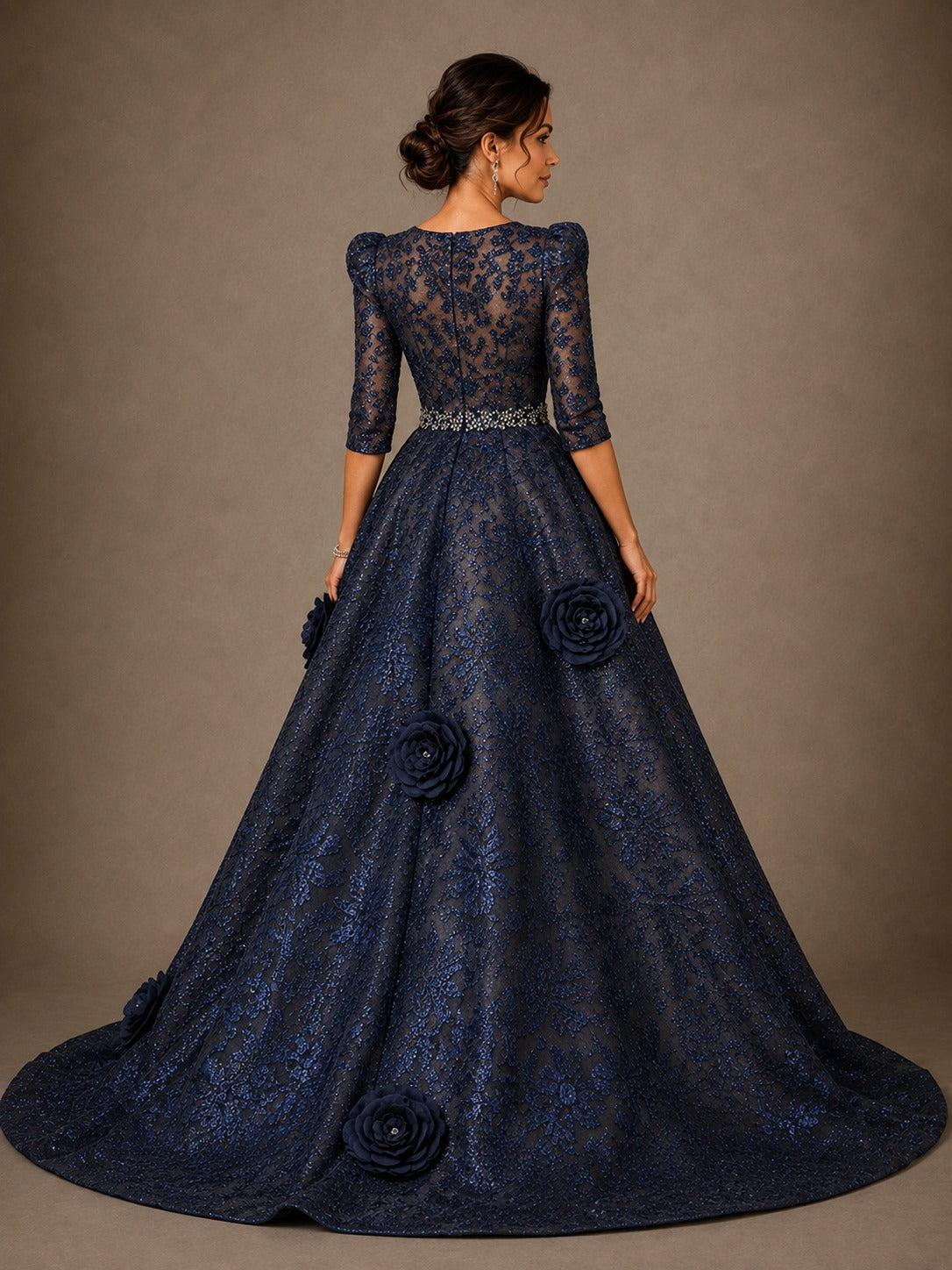 Navy Blue Floral Applique A-Line Evening Gown with 3/4 Sleeves