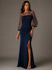 Navy Blue Sequin Sheer Sleeve Mother of the Bride Dress with Front Slit