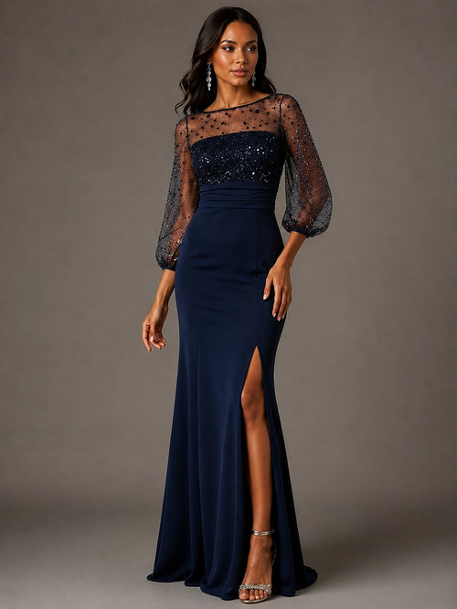 Navy Blue Sequin Sheer Sleeve Mother of the Bride Dress with Front Slit