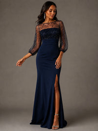 Navy Blue Sequin Sheer Sleeve Mother of the Bride Dress with Front Slit