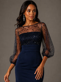 Navy Blue Sequin Sheer Sleeve Mother of the Bride Dress with Front Slit