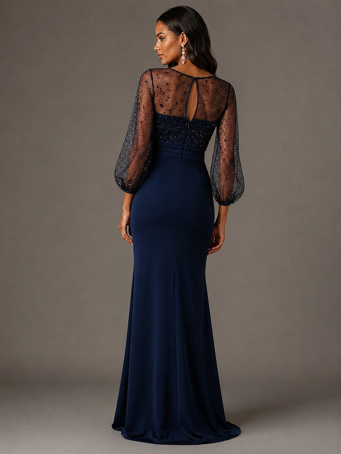 Navy Blue Sequin Sheer Sleeve Mother of the Bride Dress with Front Slit