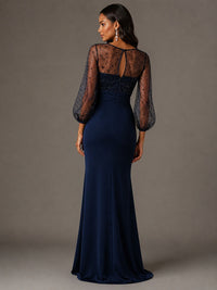 Navy Blue Sequin Sheer Sleeve Mother of the Bride Dress with Front Slit