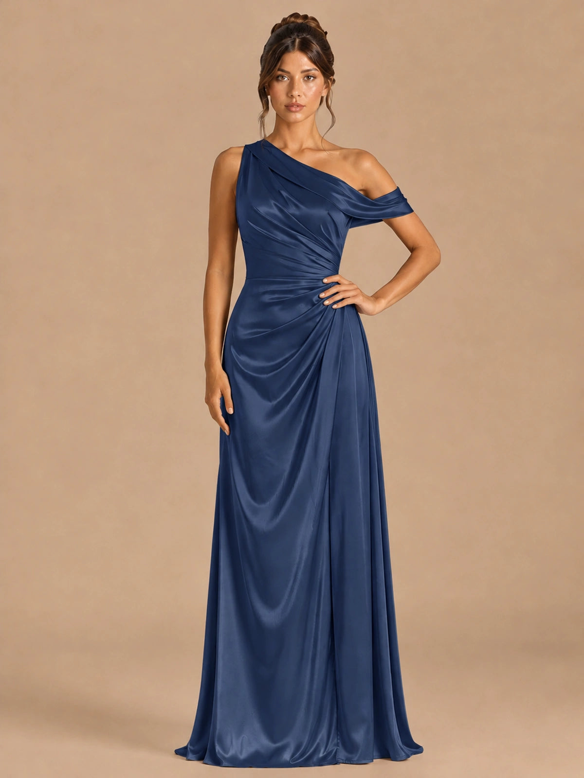 Navy Blue-satin one shoulder prom dress ruched long formal gow Jovelle