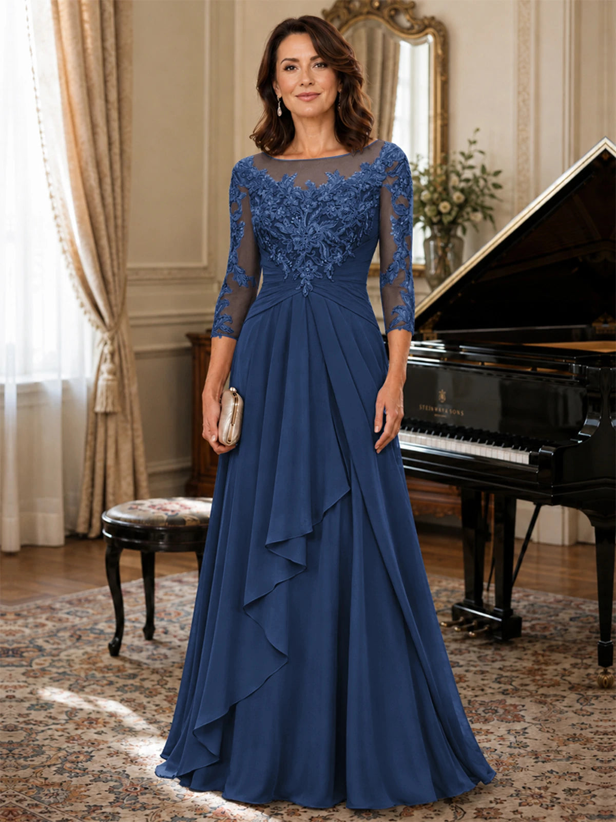 A-Line Chiffon Mother of the Bride Dress with Floral Applique 3/4 Sleeves
