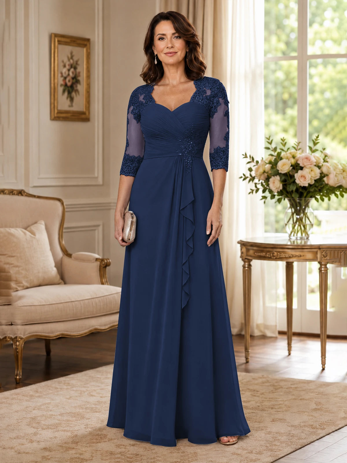 Chiffon Lace Applique Mother of the Bride Dress with 3/4 Sleeves