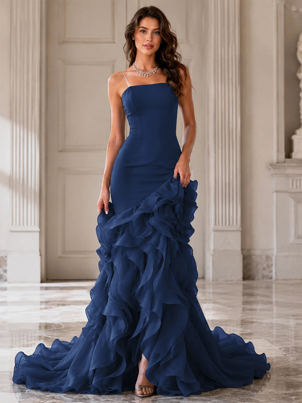 Mermaid Formal Evening Dress with Layered Ruffle Train