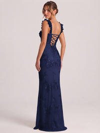 Sweetheart Floral Applique Corset Mermaid Prom Dress with High Slit