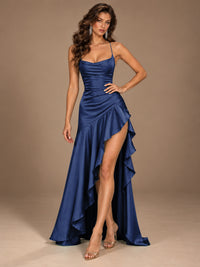 Burgundy Spaghetti Strap Ruched Prom Dress with Ruffled High Slit