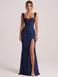 Navy Blue Sweetheart Floral Applique Corset Mermaid Prom Dress with High Slit Long Formal Evening Gown