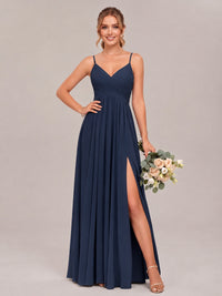 Navy Blue Spaghetti Straps Pleated Chiffon Bridesmaid Dress with Slit V-Neck A-line Long Formal Evening Wedding Guest Gown
