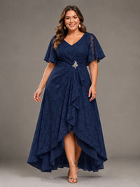 Jacquard Chiffon A-Line V-Neck High-Low Mother of the Bride Dress