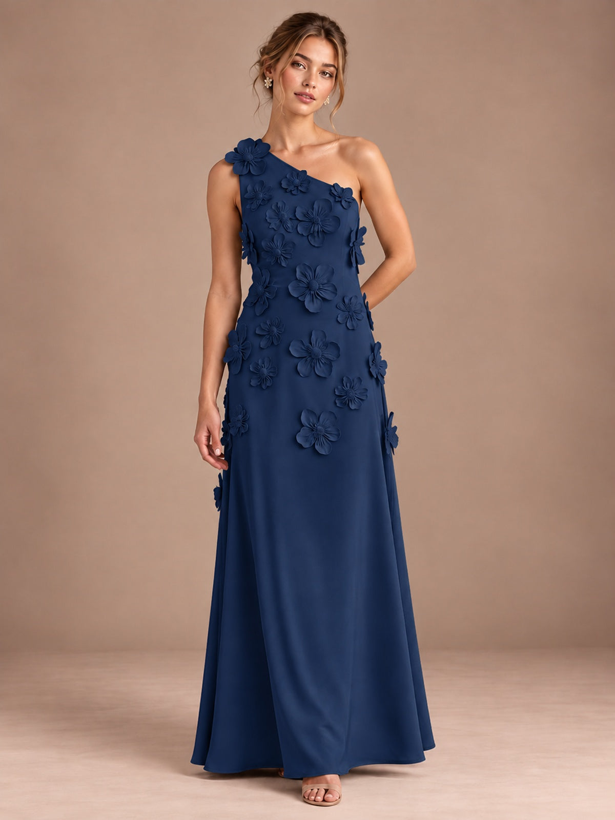 Navy Blue- One Shoulder Satin Formal Maxi Dress with 3D Floral