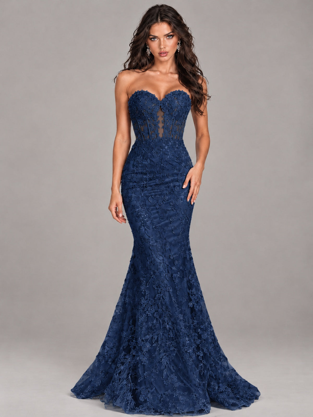 Strapless Corset Mermaid Prom Dress Lace Appliqué Formal Gown