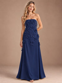 Navy Blue-Strapless 3D Floral A-line Satin Prom Maxi Dress Formal Evening Gown