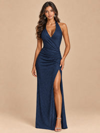 Halter V-Neck Sequin Mermaid Prom Dress with High Slit