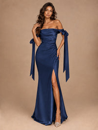 Off The Shuolder Satin Prom Dress Slit Mermaid Formal Gowns