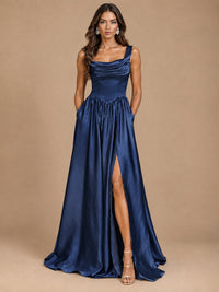 Cowl Neck Pleated Satin Prom Dress with Pockets & Slit Maxi Formal Gowns