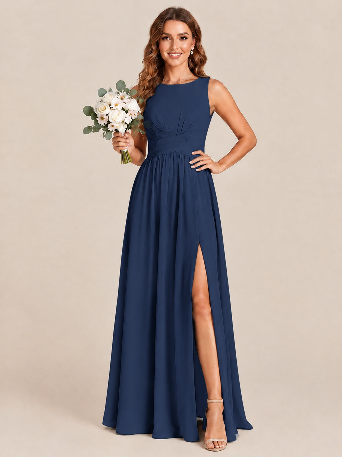 A-line Sleeveless Rucehd Chiffon Bridesmaid Dress with High Slit