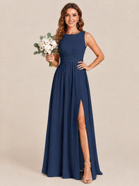 A-line Sleeveless Rucehd Chiffon Bridesmaid Dress with High Slit