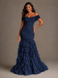 Pink Off-the-Shoulder Mermaid Prom Dress with Ruffles 3D Flowers