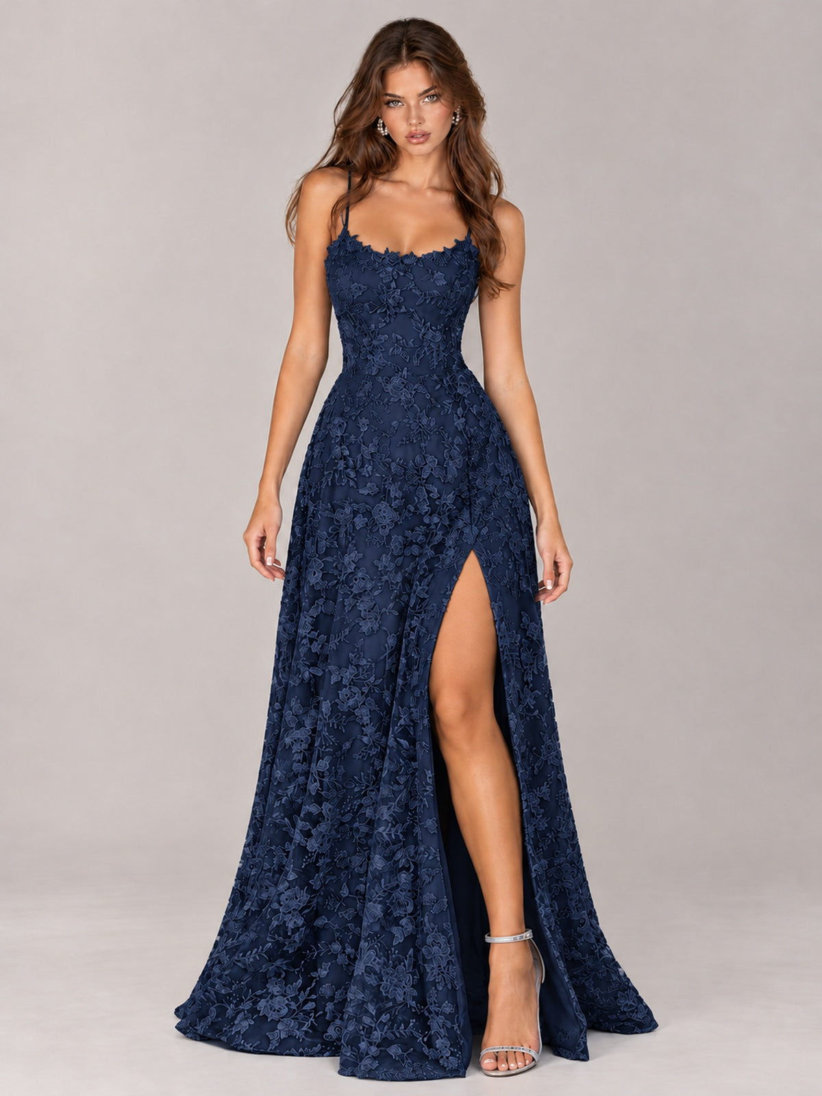 Floral Lace A-Line Prom Dress with Spaghetti Straps & High Slit