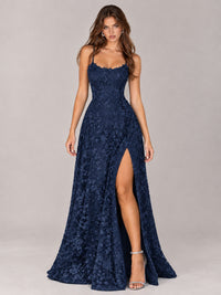 Floral Lace A-Line Prom Dress with Spaghetti Straps & High Slit