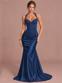 Navy Blue Sparkling Halter Corset Satin Mermaid Prom Dress Long Ruched Sequin Formal Gown Evening Party Dress