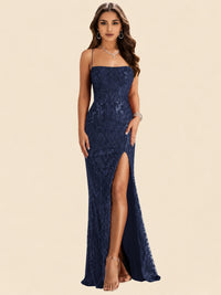 Sequin Lace Appliques Mermaid Prom Dress Spaghetti Strap Formal Gowns with Slit