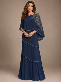 Elegant Chiffon Cape Sleeve Beaded Mother of the Bride Dress